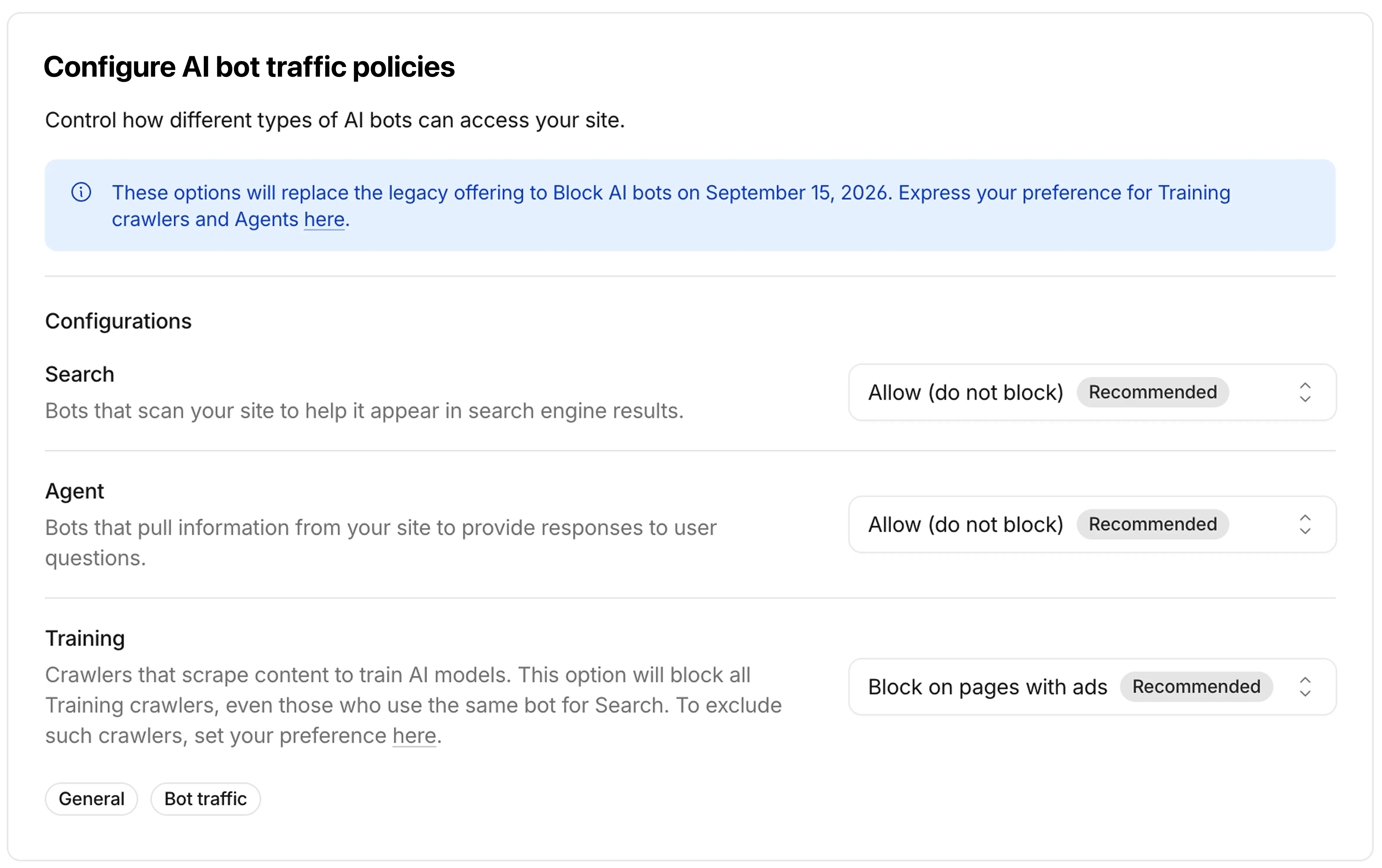 The Configure AI bot traffic policies screen, where Search, Agent, and Training can each be set to allow, block, or block only on pages with ads