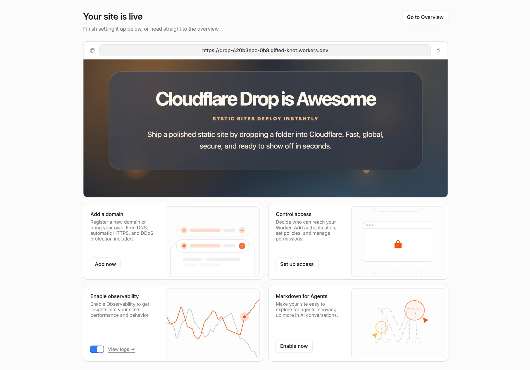 Claimed Cloudflare Drag and Drop site setup screen showing options to add a domain, control access, enable observability, and enable Markdown for agents