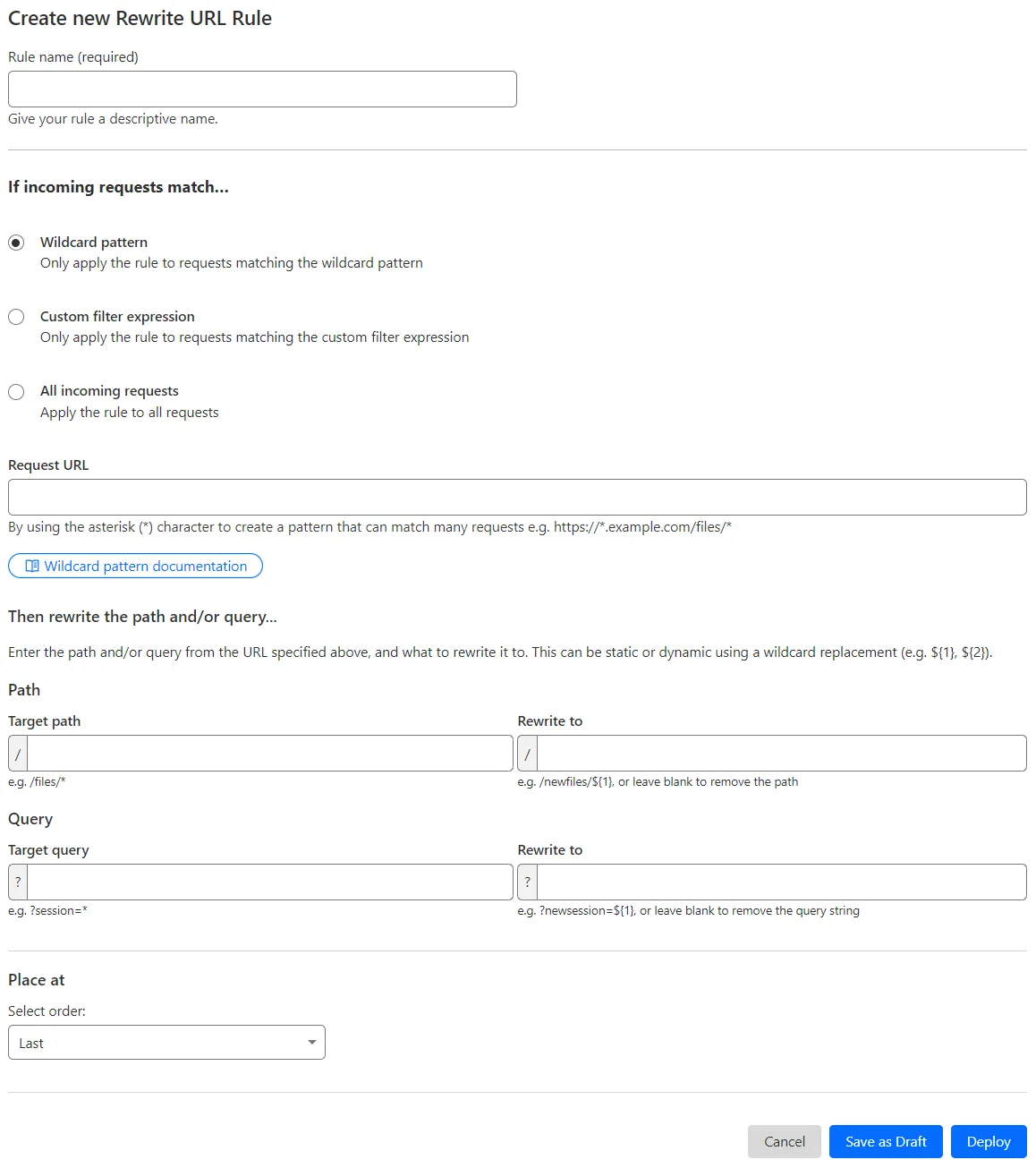The URL rewrite rule creation page in the Cloudflare dashboard.