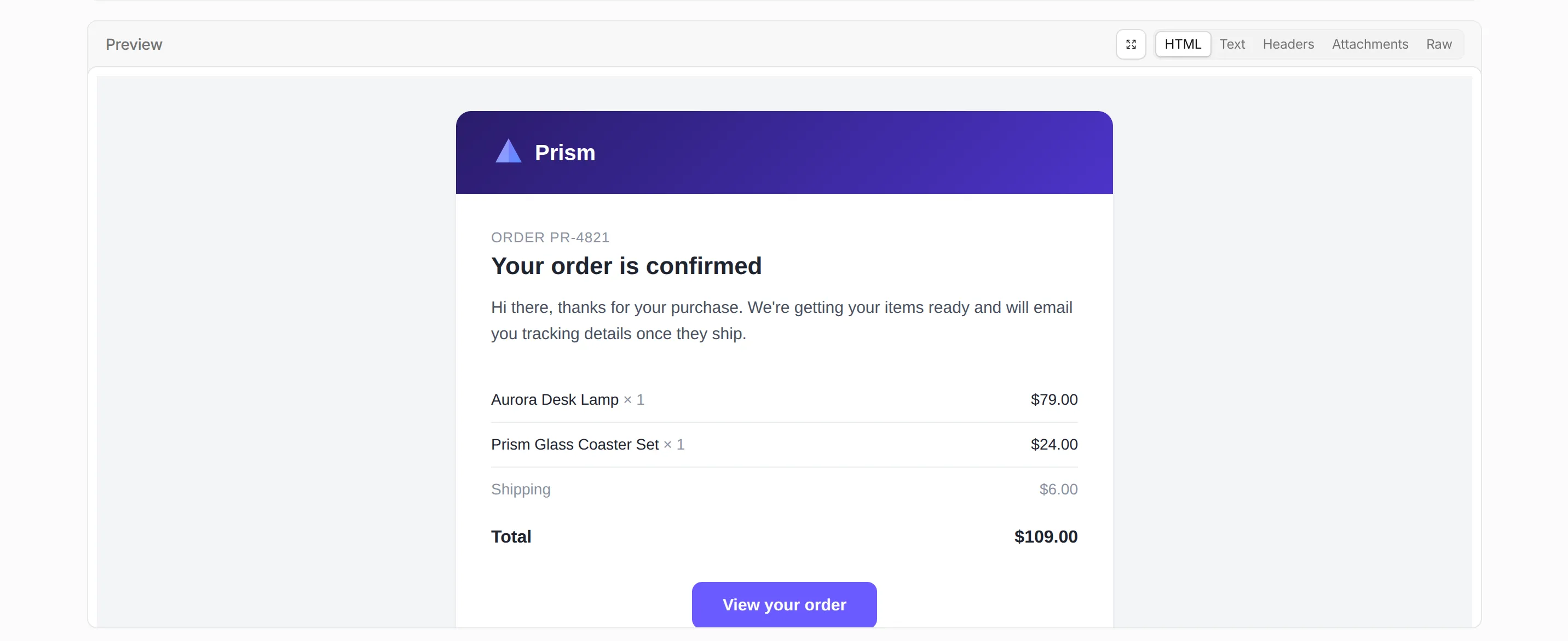 The rendered HTML preview of a sent email in the Email Service Activity log