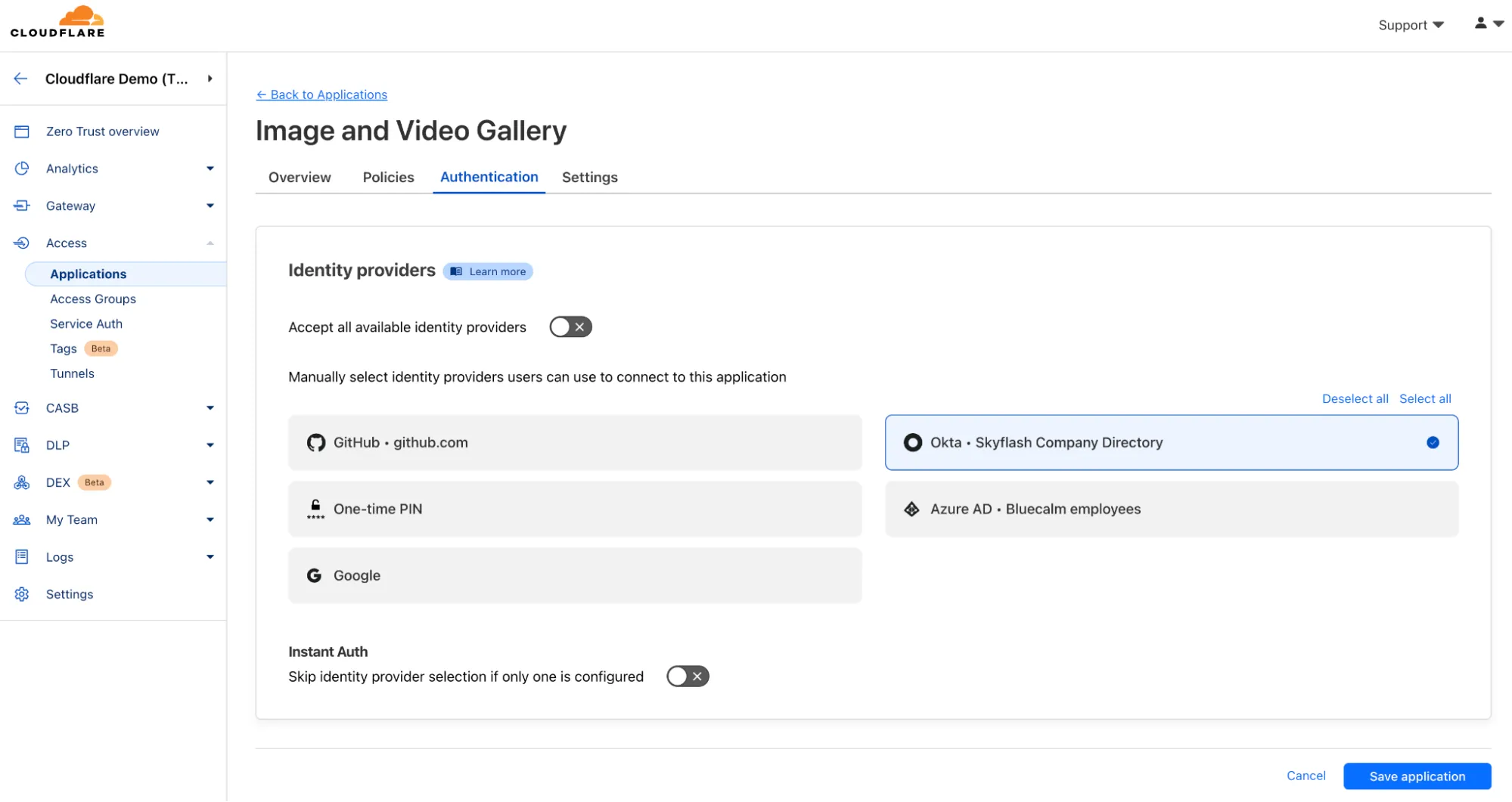 Figure 23 : Manually selecting identity providers users can use. Cloudflare Access supports all major Identity Providers (IdPs) and users can manually select which IdPs can be used.